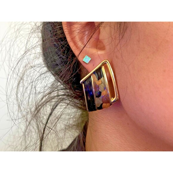 vtg 80s 90s pierced statement‎ earrings geometric colorful resin minimalist glam - Picture 1 of 5